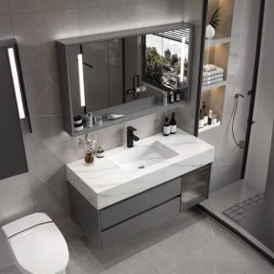 Stone Bathroom Vanity with 4 Doors, Gray Base, Chalk Finish, Rectangular Sink, Shelf, and Ink Faucet, 47.2"L x 19.7"W x 21.7"H, Vanity & Faucet & Smart Medicine Cabinet