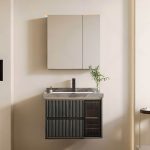 Midnight Black Bathroom Vanity with White Sintered Stone Sink, 3 Doors, Backsplash, Rectangular Shape, and Shelf, 35"L x 20"W x 20"H, Vanity & Mirror Cabinet