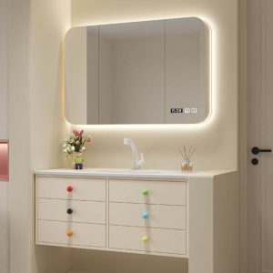 6 Drawers Lumber Bathroom Vanity in Chalk with Sintered Stone Rectangular Sink, 2 Doors, and Shelf, Vanity & Faucet & Fully Sealed Smart Mirror Cabinet, Slate, 36"L x 20"W x 23"H