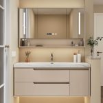 Nickel Faucet Bathroom Vanity with Stone Countertop, 4 Doors, Beige Base, Chalk Finish, Rectangular Sink, and Shelf, Vanity & Faucet & Smart Medicine Cabinet, 39"L x 20"W x 21"H