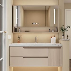 Nickel Faucet Bathroom Vanity with Stone Countertop, 4 Doors, Beige Base, Chalk Finish, Rectangular Sink, and Shelf, Vanity & Faucet & Smart Medicine Cabinet, 39"L x 20"W x 21"H