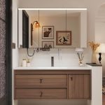Dove Grey Faucet Cocoa Bathroom Vanity with Sintered Stone Sink, Cabinet Hardware, 4 Doors, Chalk Finish, and Simple Style, 47"L x 20"W x 20"H, Stone, Vanity & Faucet & Smart Medicine Cabinet