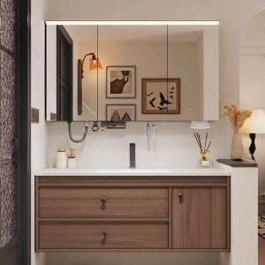 Dove Grey Faucet Cocoa Bathroom Vanity with Sintered Stone Sink, Cabinet Hardware, 4 Doors, Chalk Finish, and Simple Style, 47"L x 20"W x 20"H, Stone, Vanity & Faucet & Smart Medicine Cabinet