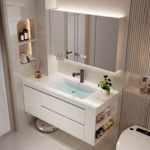Sintered Stone Bathroom Vanity with 4 Doors, Ivory Base, Chalk Rectangular Sink, Midnight Black Faucet & Shelf, 39.4"L x 21.7"W x 21.3"H, Vanity & Faucet & Smart Medicine Cabinet