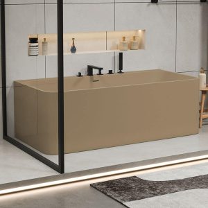 Freestanding Rectangle Bathtub in Casual Style with Back to Wall Soaking Design, Camel, 51"L x 30"W x 22"H