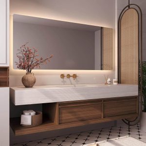 Butter Color Bathroom Vanity with 1 Drawer, Cocoa Base, Sintered Stone Sink, 1 Mirror, Rectangular Shape, and Shelf, Vanity & Faucet & Smart Mirror, 35"L x 22"W x 18"H
