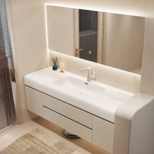 Chalk Bathroom Vanity with Sintered Stone Sink, 3 Doors, Overflow Hole, Simple Style, Drain Assembly, and Shelf, 32"L x 20"W x 22"H, Vanity & Faucet & Smart Half Mirror Cabinet