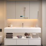 Chalk Sintered Stone Bathroom Vanity with Cream 3 Drawers, 3 Doors, Silver Faucet and Overflow Hole, 43"L x 20"W x 16"H, Vanity & Faucet & Smart Medicine Cabinet