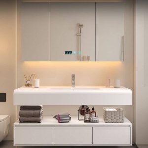 Chalk Sintered Stone Bathroom Vanity with Cream 3 Drawers, 3 Doors, Silver Faucet and Overflow Hole, 43"L x 20"W x 16"H, Vanity & Faucet & Smart Medicine Cabinet