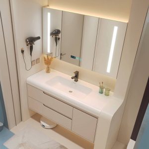Spill Proof White Stone Rectangular Bathroom Vanity with 1 Door, Midnight Black Faucet and Shelf, Vanity & Faucet & Smart Medicine Cabinet, 39"L x 20"W x 21"H