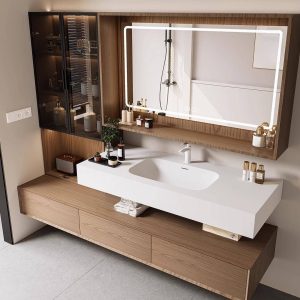 Chalk Bathroom Vanity with Sintered Stone Countertop, Cabinet Hardware, 1 Mirror, White Faucet, Rectangular Shape & Shelf, Vanity & Faucet & Smart Mirror, 28"L x 22"W x 16"H