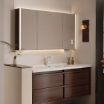 Cocoa Bathroom Vanity with White Faucet, 2 Doors, Chalk Rectangular Sink, Shelf, and Art Deco Style, Vanity & Faucet & Smart Medicine Cabinet, 28"L x 20"W x 20"H