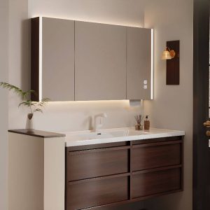 Cocoa Bathroom Vanity with White Faucet, 2 Doors, Chalk Rectangular Sink, Shelf, and Art Deco Style, Vanity & Faucet & Smart Medicine Cabinet, 28"L x 20"W x 20"H
