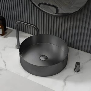 Modern Vessel Bathroom Sink Metal Round with Pop-Up Drain Wash Stand - Sink with Faucet Black Low Profile