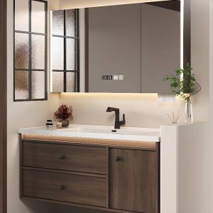 Cocoa Bathroom Vanity with Cabinet Hardware, Chalk Sink, 3 Doors, Backsplash, Rectangular Shape, and Shelf, Vanity & Faucet & Smart Medicine Cabinet, 28"L x 20"W x 20"H
