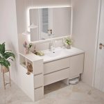 Bathroom Vanity with 1 Door, 1 Mirror, Chalk Faucet, Ivory Base, Backsplash, Overflow Hole, and Ceramic Sink, 39.5"L x 20"W x 22"H, Bathroom Vanity & Faucet & Smart Square Mirror