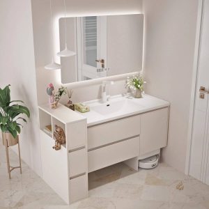 Bathroom Vanity with 1 Door, 1 Mirror, Chalk Faucet, Ivory Base, Backsplash, Overflow Hole, and Ceramic Sink, 39.5"L x 20"W x 22"H, Bathroom Vanity & Faucet & Smart Square Mirror