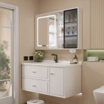 Spill Proof Bathroom Vanity with Cabinet Hardware, White Base, 3 Doors, Backsplash, Rectangular Sink, and Shelf, 40"L x 20"W x 20"H, Bathroom Vanity & Faucet & Smart Mirror Cabinet with Glass Door