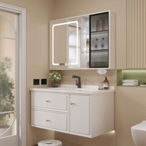 Spill Proof Bathroom Vanity with Cabinet Hardware, White Base, 3 Doors, Backsplash, Rectangular Sink, and Shelf, 40"L x 20"W x 20"H, Bathroom Vanity & Faucet & Smart Mirror Cabinet with Glass Door