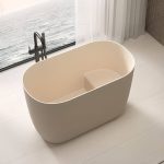 White Freestanding Bathtub with Seat, Roll Top Oval Design in Casual Style for Soaking, 43"L x 26"W x 28"H