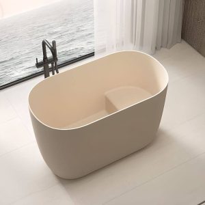 White Freestanding Bathtub with Seat, Roll Top Oval Design in Casual Style for Soaking, 43"L x 26"W x 28"H