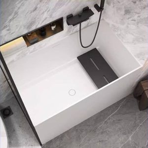 Alcove Bathtub with Seat Rectangle Casual White Back to Wall Soaking Design, 51.2"L x 27.6"W x 27.6"H