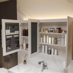 Beige Medicine Cabinet with 4 Shelves, 3 Doors, Lighting System, Hydrophobic, Rectangle, Plug-in, 55"L x 6"W x 28"H