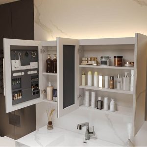 Beige Medicine Cabinet with 4 Shelves, 3 Doors, Lighting System, Hydrophobic, Rectangle, Plug-in, 55"L x 6"W x 28"H