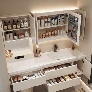 Dark Gray Faucet Bathroom Vanity with 3 Drawers, Sintered Stone Countertop, 4 Doors, Ivory Base, Chalk Finish, and Ceramic Sink