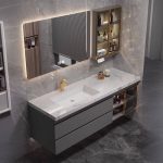 Stain Resistant Metallic Bathroom Vanity with Stone Countertop, Cabinet Hardware, 1 Mirror, Gray Base, and Chalk Finish, 43.3"L x 19.7"W x 19.7"H, Vanity & Faucet & Smart Mirror & Sensor Sideboard