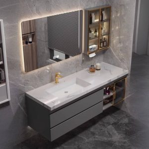Stain Resistant Metallic Bathroom Vanity with Stone Countertop, Cabinet Hardware, 1 Mirror, Gray Base, and Chalk Finish, 43.3"L x 19.7"W x 19.7"H, Vanity & Faucet & Smart Mirror & Sensor Sideboard