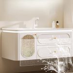 Bathroom Vanity with Cabinet Hardware, 4 Doors, Chalk Faucet, Ivory Base, Backsplash, Overflow Hole, and Ceramic Sink