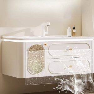 Bathroom Vanity with Cabinet Hardware, 4 Doors, Chalk Faucet, Ivory Base, Backsplash, Overflow Hole, and Ceramic Sink