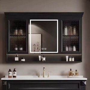 3 Doors Midnight Black Medicine Cabinet with Mirror Defogger, 3 Shelves, Lighting System, Rectangle & Hydrophobic, 63"L x 6"W x 31"H