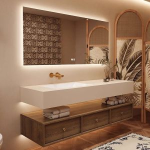 Bathroom Vanity with 3 Drawers, Cocoa Base, Stone Countertop, Cabinet Hardware, 1 Mirror, White Faucet, and Rectangular Sink, 55.1"L x 21.7"W x 17.7"H, Vanity & Faucet & Smart Mirror