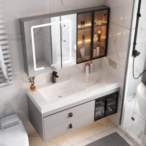 White Top Bathroom Vanity with 5 Doors, Stone Countertop, Cabinet Hardware, Rectangular Sink, Shelf & Ink Faucet, Vanity & Faucet & Smart Medicine Cabinet, 43"L x 20"W x 20"H