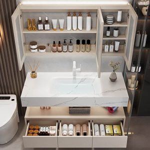 White Top Bathroom Vanity with 3 Drawers, Sintered Stone Sink, White Faucet, 3 Doors, Rectangular Shape, and Shelf, 35.5"L x 20"W x 16"H, Vanity & Faucet & Mirror Cabinet