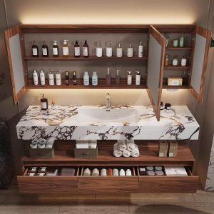 Metallic Faucet Bathroom Vanity with Cocoa Base, Sintered Stone Countertop, 2 Doors, Chalk Finish, Rectangular Sink, and Shelf, 31.5"L x 19.5"W x 16"H, Vanity & Faucet & Smart Medicine Cabinet