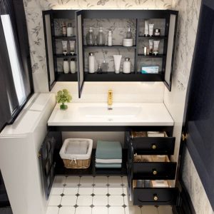 Aureate Faucet Bathroom Vanity with 3 Drawers, Black Base, 5 Doors, Spill Proof Durability, Cabinet Hardware, and 1 Mirror, Square, Vanity & Faucet & Smart Medicine Cabinet, 44"L x 20"W x 22"H