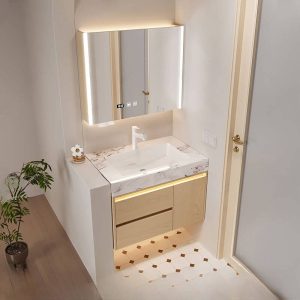 Lumber Chalk Bathroom Vanity with 3 Doors, Simple Style, Ceramic Material, Shelf, and Drain Assembly, 27.5"L x 20"W x 22"H, Vanity & Faucet & Smart Medicine Cabinet, Slate