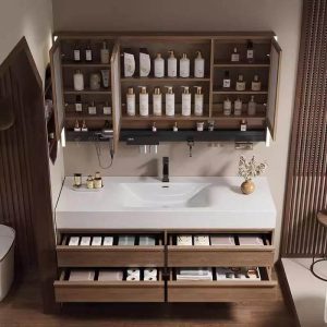 Light Brown Bathroom Vanity with 1 Mirror, Chalk Sink, 3 Doors, Rectangle Shape, Shelf, and Ink Faucet, 24"L x 20"W x 26"H, Vanity & Faucet & Smart Medicine Cabinet
