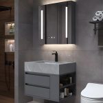Sintered Stone Bathroom Vanity with 4 Doors, Gray Base, White Sink, Rectangular Sink, Shelf, and Ink Faucet, 47"L x 22"W x 20"H, Vanity & Faucet & Smart Medicine Cabinet