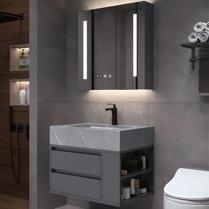 Sintered Stone Bathroom Vanity with 4 Doors, Gray Base, White Sink, Rectangular Sink, Shelf, and Ink Faucet, 47"L x 22"W x 20"H, Vanity & Faucet & Smart Medicine Cabinet