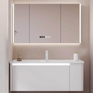 Bathroom Vanity with 1 Drawer, 1 Mirror, White Faucet, Beige Base, 3 Doors, Rectangular Sink, and Shelf, Vanity & Faucet & Smart Medicine Cabinet, 40"L x 20"W x 20"H