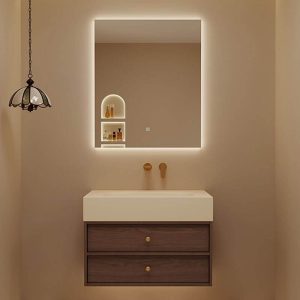 Chalk Stone Bathroom Vanity with Cocoa Base, Cabinet Hardware, Midnight Black Faucet and 1 Mirror, Shelves Not Included, 28"L x 22"W x 22"H, Bathroom Vanity & Faucet & Smart Square Mirror