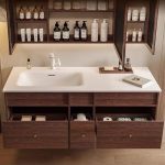 Bathroom Vanity with 1 Drawer, Cocoa Sintered Stone Sink, Cabinet Hardware, White Faucet, 3 Doors, and Rectangular Shape, 27.6"L x 21.7"W x 19.7"H, Vanity & Faucet & Smart Medicine Cabinet