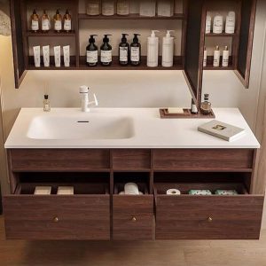Bathroom Vanity with 1 Drawer, Cocoa Sintered Stone Sink, Cabinet Hardware, White Faucet, 3 Doors, and Rectangular Shape, 27.6"L x 21.7"W x 19.7"H, Vanity & Faucet & Smart Medicine Cabinet