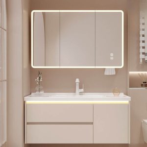 Bathroom Vanity with White Faucet, Beige Base, 2 Doors, Backsplash, Rectangular Sink, Shelf, and Modern Simple Style, Vanity & Faucet & Smart Medicine Cabinet, 32"L x 20"W x 19"H