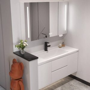 Modern Simple Style White Bathroom Vanity with 4 Doors, Rectangular Sink, Shelf, Ink Faucet, and Drain Assembly, Vanity & Faucet & Smart Medicine Cabinet, 39"L x 20"W x 19"H