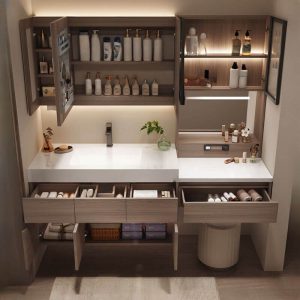 4 Drawers Light Brown Bathroom Vanity with 5 Doors, Sintered Stone Countertop, 1 Mirror, White Sink, and Rectangular Shape, Vanity & Faucet & Smart Medicine Cabinet, 71"L x 22"W x 24"H